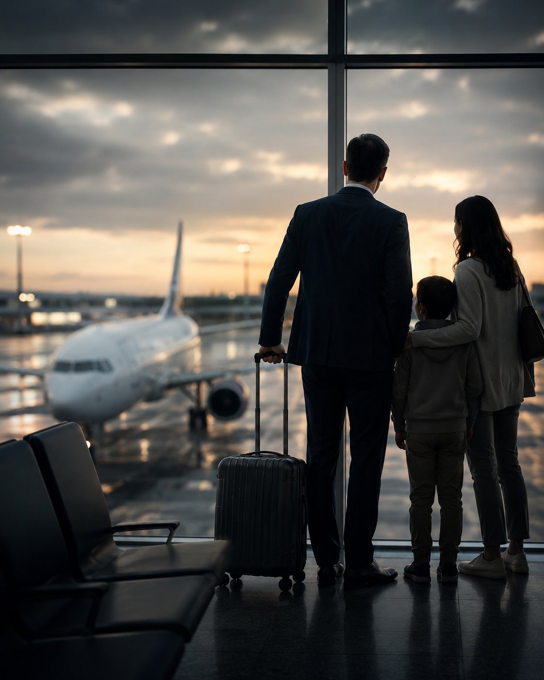 Família expatriada no aeroporto ao pôr do sol
